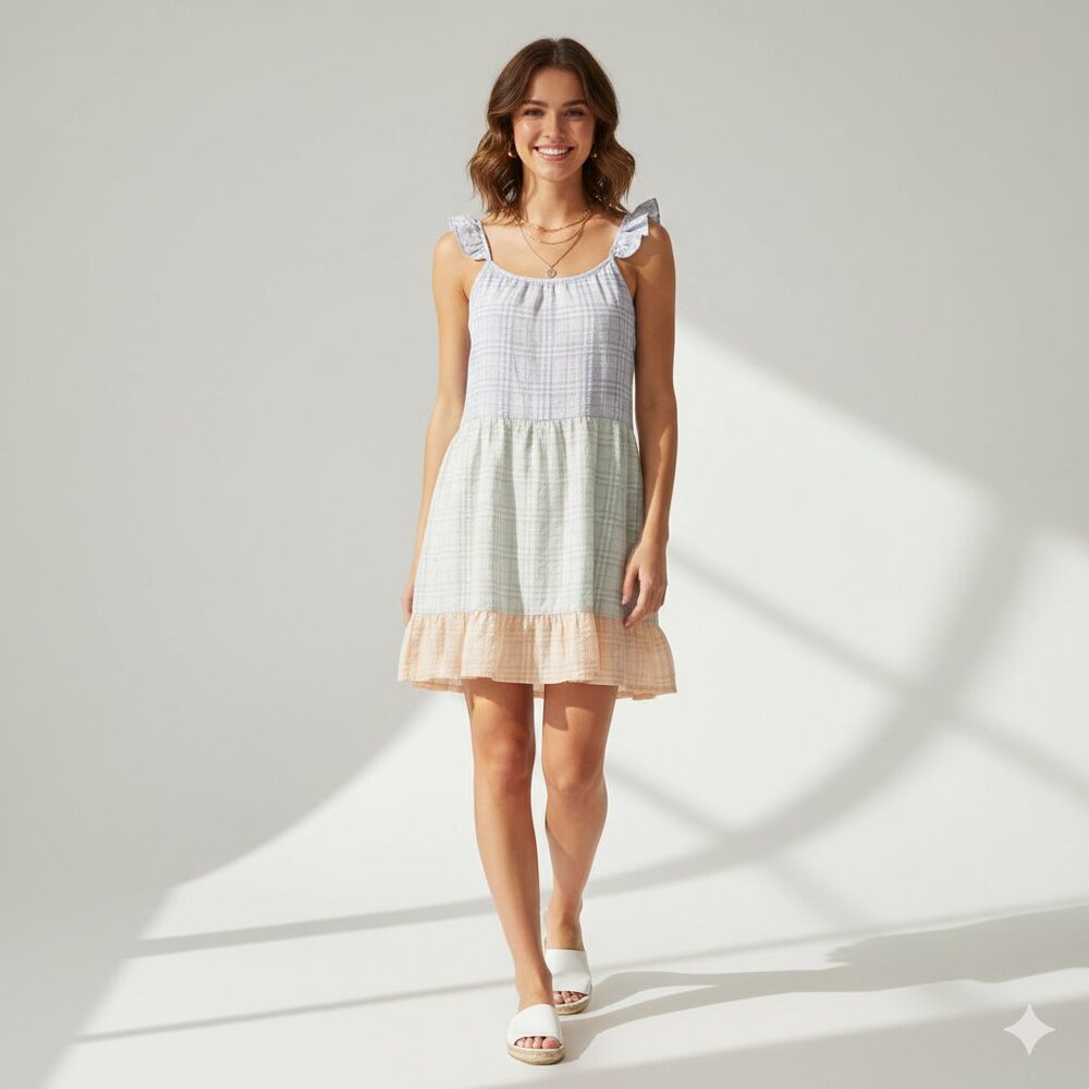 By The River Tiered Ruffle Dress Plaid Pastel Cottagecore Size M